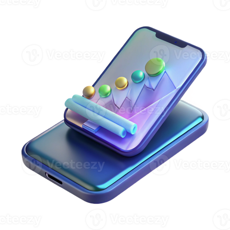 inspired artistic Concept art style, isolated cutout of a levitating, transparent holographic smartphone displaying a stock market graph with Transparent Background impeccable png