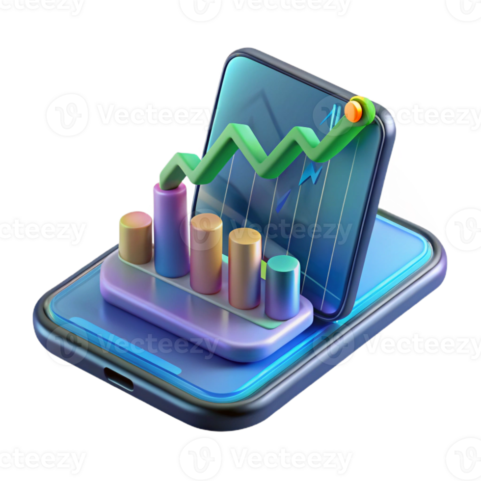 exceptional artistic Concept art style, isolated cutout of a levitating, transparent holographic smartphone displaying a stock market graph with Transparent Background impeccable png