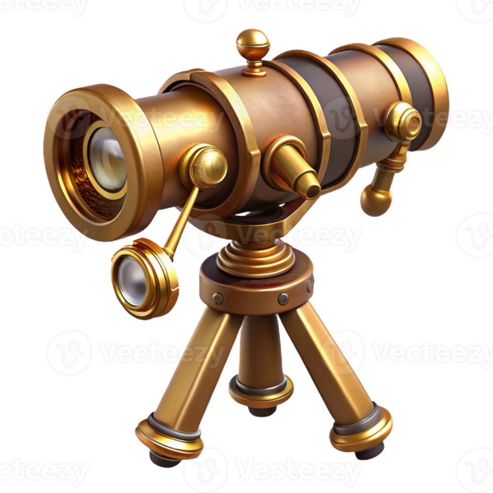 fascinating whimsical mid-century Steampunk telescope with brass lenses and intricate tripod with Transparent Background 8K png
