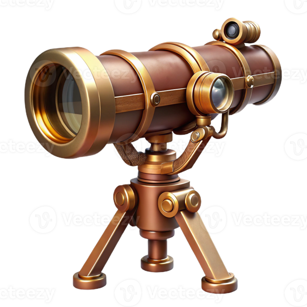 mesmerizing nordic Steampunk telescope with brass lenses and intricate tripod with Transparent Background museum quality png