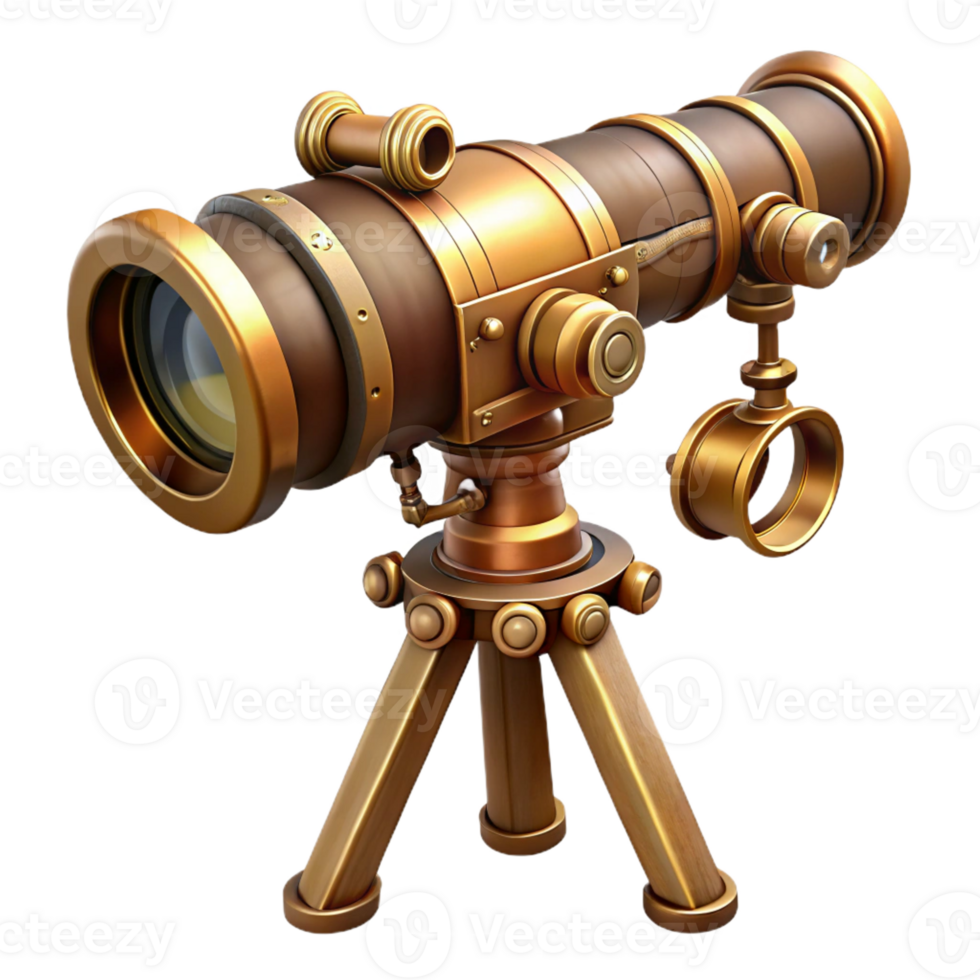 mesmerizing calm tropical Steampunk telescope with brass lenses and intricate tripod with Transparent Background exclusive png