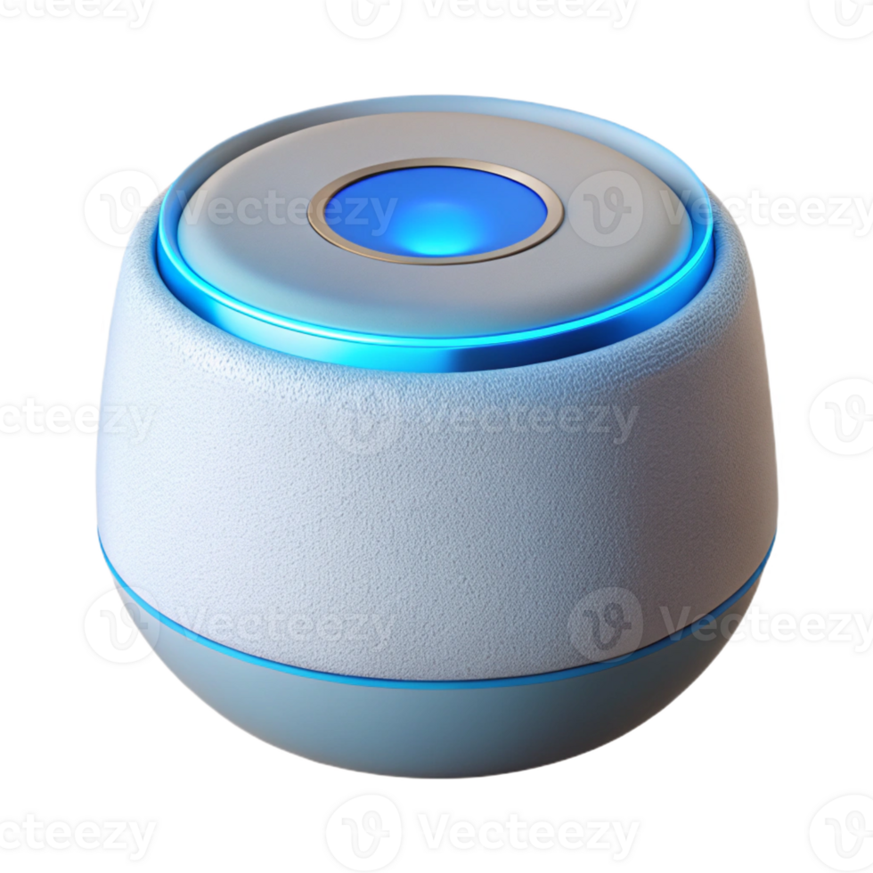 memorable futuristic Hyper-specific, professional render of a modern, white smart speaker with a blue LED ring with Transparent Background luxury png