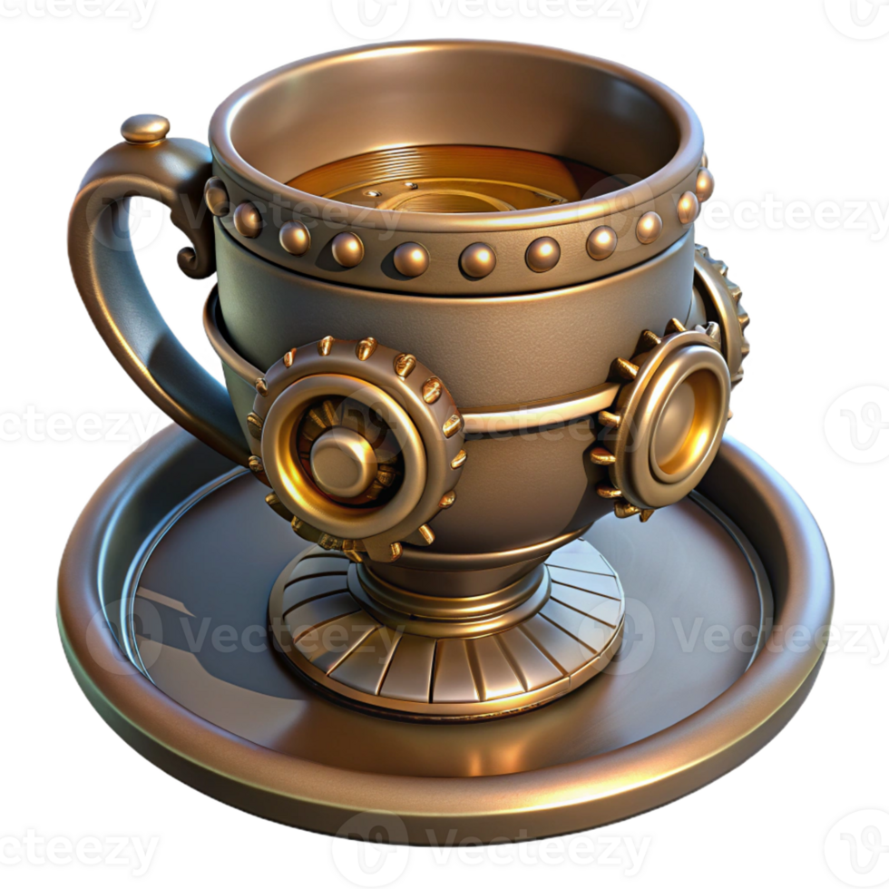 ethereal enchanting Steampunk teacup with saucer and intricate metal details with Transparent Background authentic png