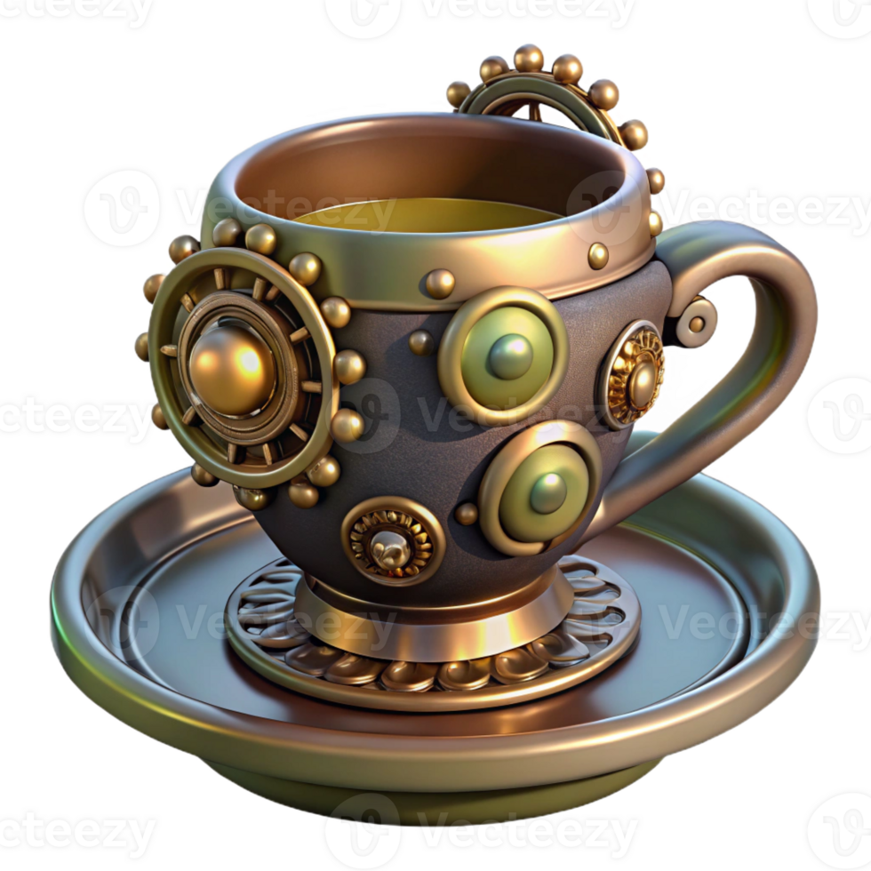 impressive timeless Steampunk teacup with saucer and intricate metal details with Transparent Background png
