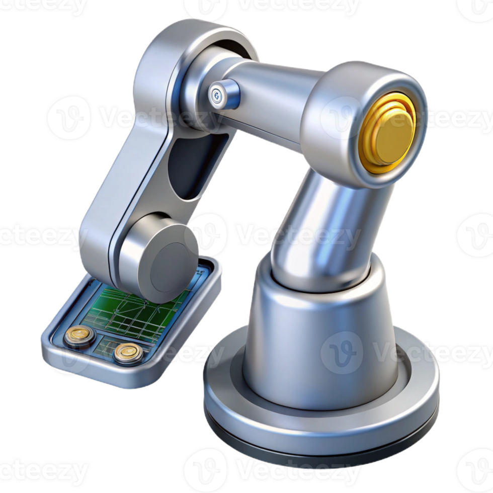 intense beautiful Hyper-specific, professional render of a high-tech, silver robotic arm holding a circuit board with Transparent Background detailed png