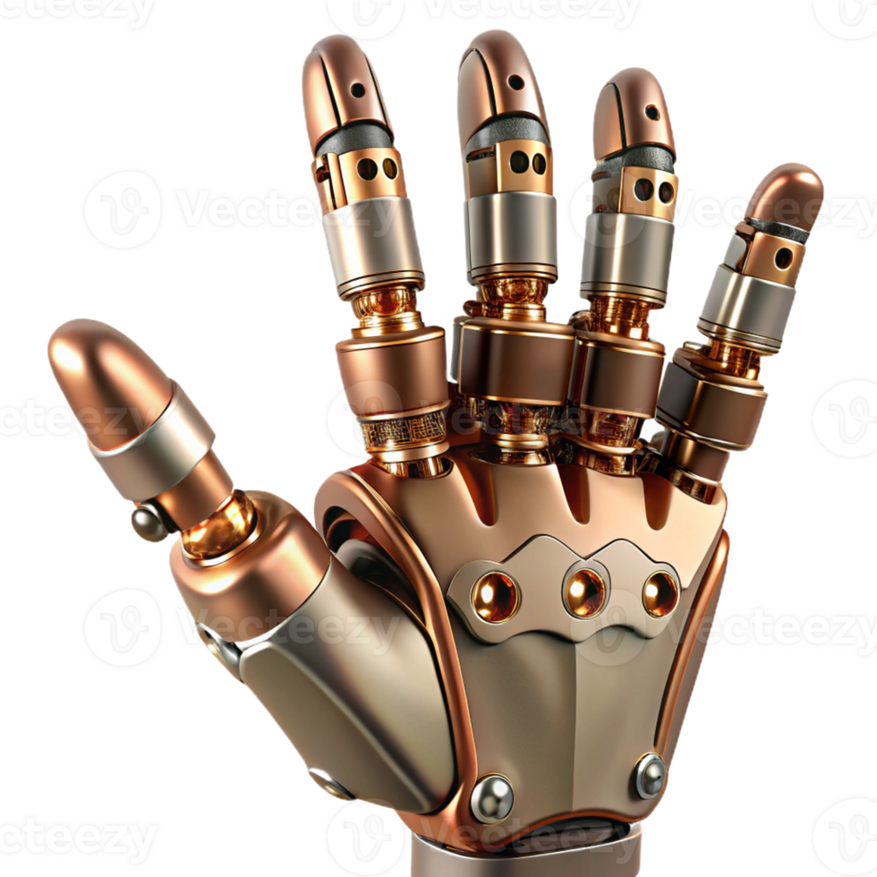 iconic retro Steampunk robotic hand with articulated fingers and copper wiring with Transparent Background ultra HD png