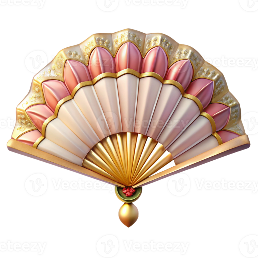 glorious standout Photorealistic, professional render of a single Art Nouveau fan, silk and ivory, painted design, isolated cutout, hyper-specific details with Transparent Background png