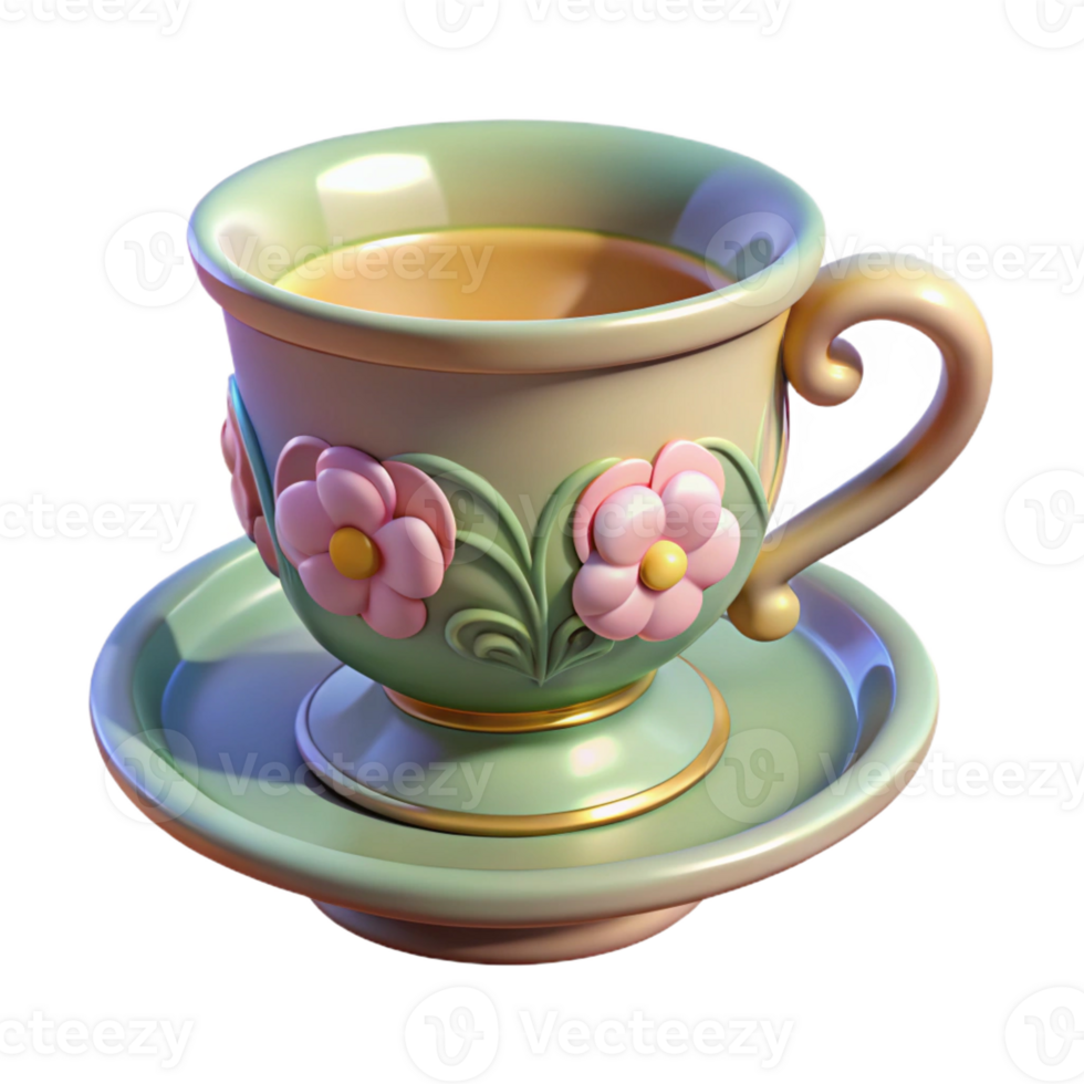magnificent melancholic retro Hyper-specific, ultra-detailed concept art style render of an Art Nouveau teacup, porcelain, floral pattern, isolated cutout with Transparent Background museum quality png