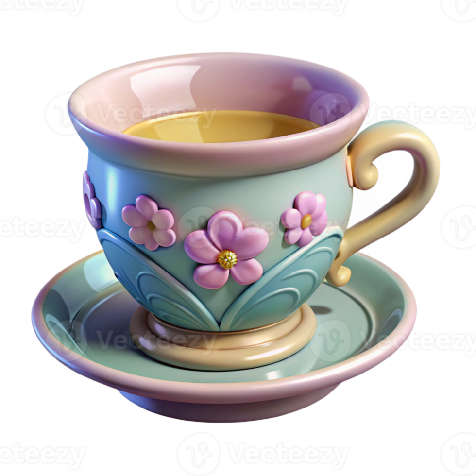 mesmerizing quintessential Hyper-specific, ultra-detailed concept art style render of an Art Nouveau teacup, porcelain, floral pattern, isolated cutout with Transparent Background png