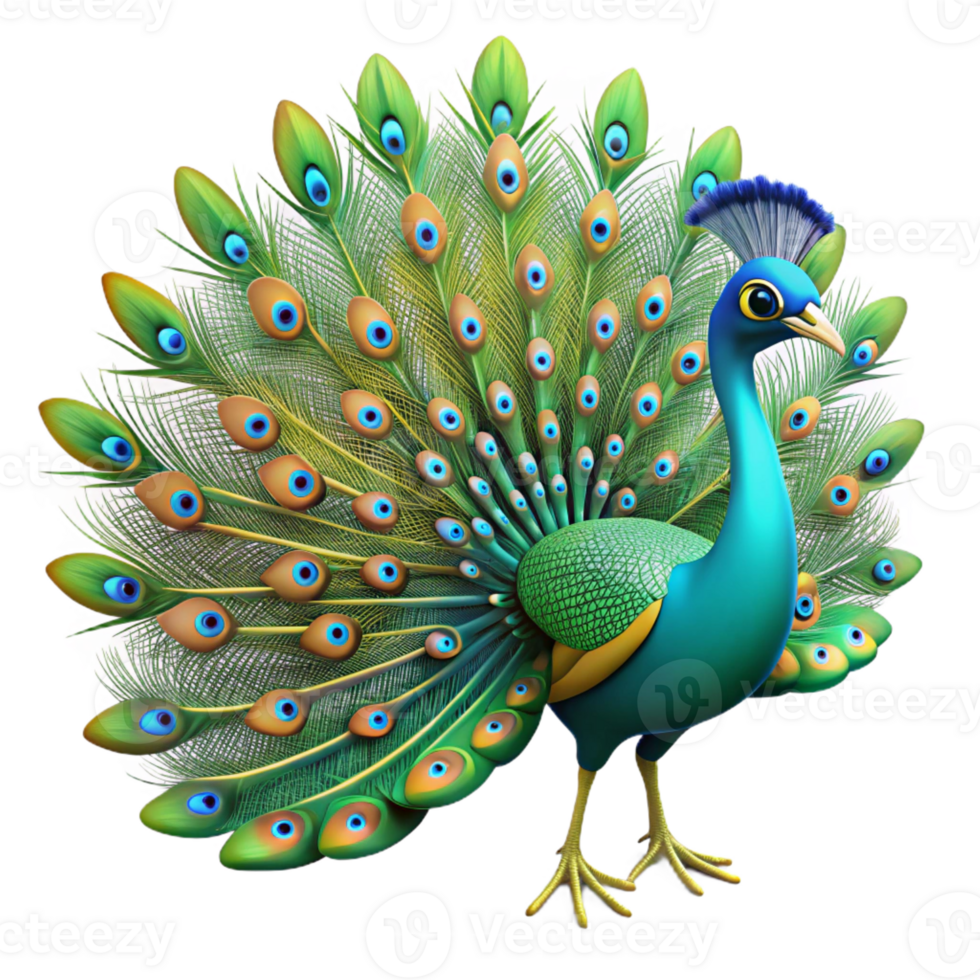 fascinating exceptional A majestic peacock, displaying tail feathers, vibrant colors with Transparent Background png