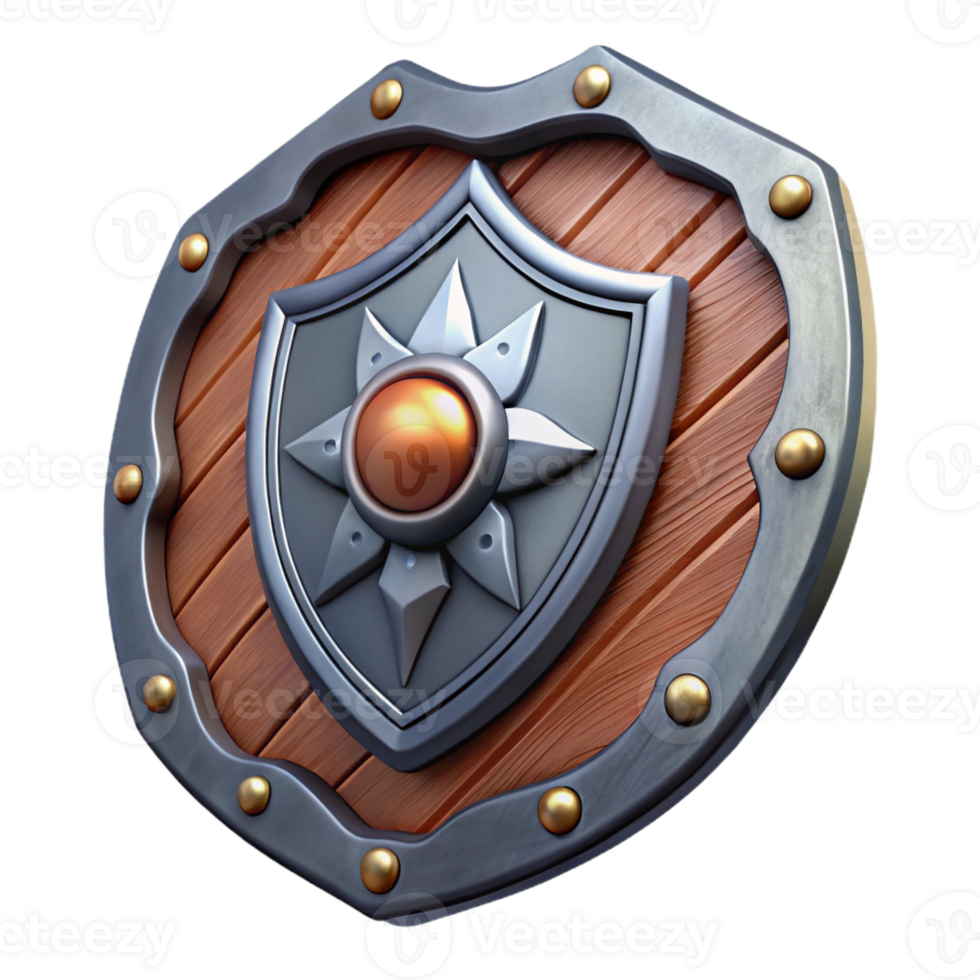 sought-after industrial Ultra-detailed, photorealistic isolated cutout of a tribal warrior's metal shield with a painted tribal emblem with Transparent Background genuine png