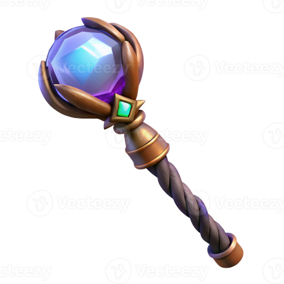 impressive distinguished Photorealistic, ultra-detailed, isolated cutout of a single, gnarled wizard's staff topped with a glowing crystal orb with Transparent Background png