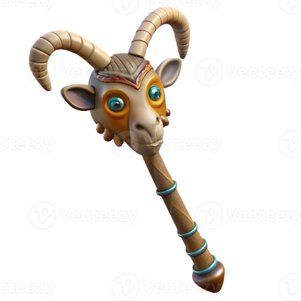 pristine sought-after Hyper-specific, professional render of a tribal elder's ceremonial walking stick with carved animal heads with Transparent Background png