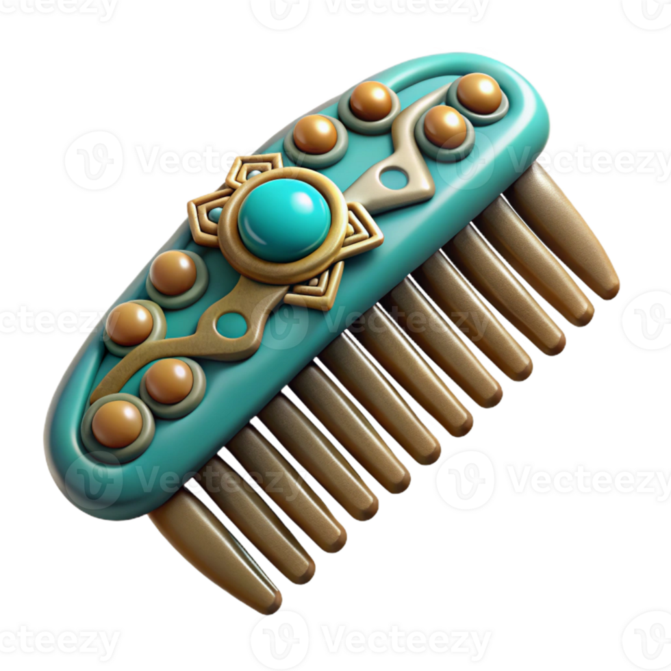 whimsical serene Concept art style, isolated cutout of a tribal woman's decorative comb carved from bone and inlaid with turquoise with Transparent Background genuine png