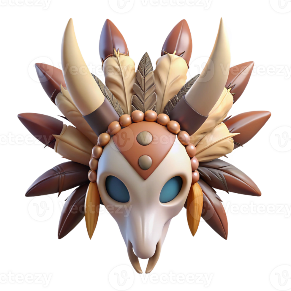 mesmerizing memorable Hyper-specific, professional render of a tribal shaman's ceremonial headpiece made of feathers and animal skulls with Transparent Background png