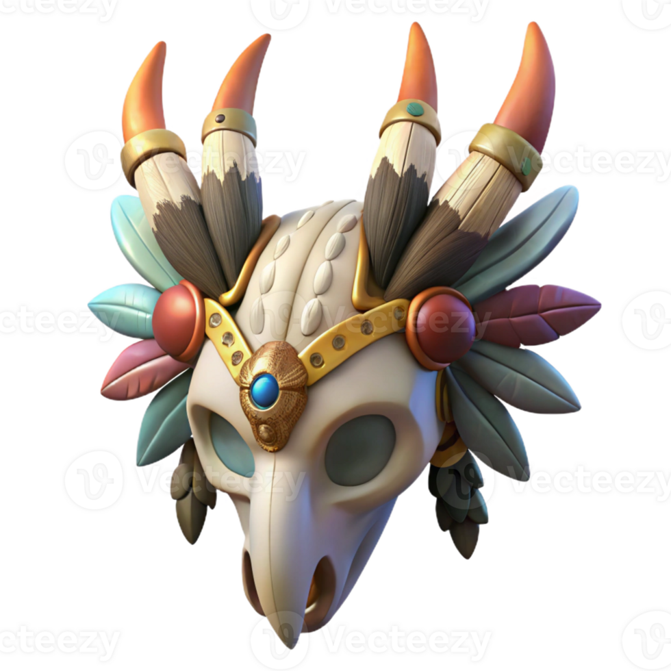 striking calm industrial Hyper-specific, professional render of a tribal shaman's ceremonial headpiece made of feathers and animal skulls with Transparent Background perfect clarity png