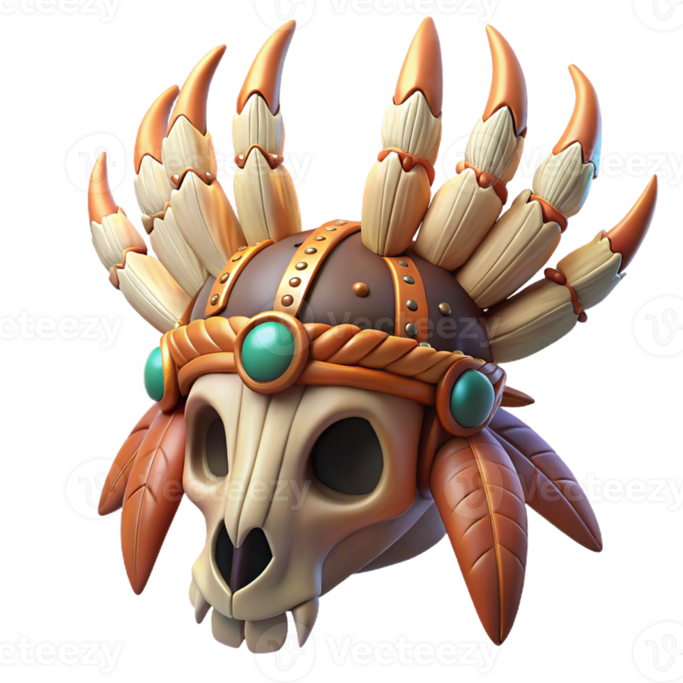 nostalgic picturesque Hyper-specific, professional render of a tribal shaman's ceremonial headpiece made of feathers and animal skulls with Transparent Background handcrafted png