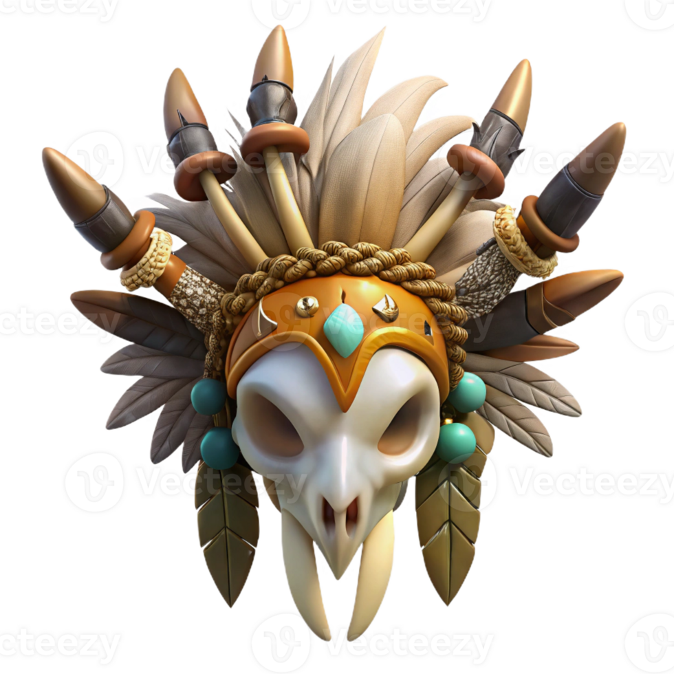 signature organic Hyper-specific, professional render of a tribal shaman's ceremonial headpiece made of feathers and animal skulls with Transparent Background top-tier png