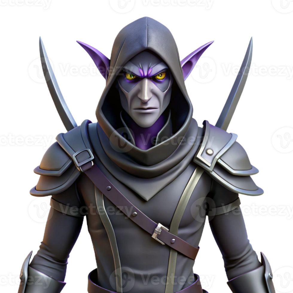 nostalgic captivating A menacing dark elf assassin with twin daggers with Transparent Background 4K png