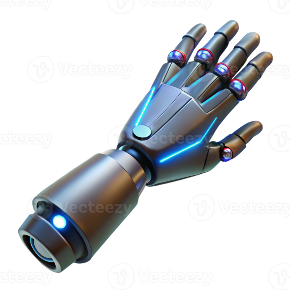 sumptuous classic Hyper-specific professional render of a single cybernetic prosthetic arm with exposed wiring and glowing LEDs, isolated cutout with Transparent Background luxury png