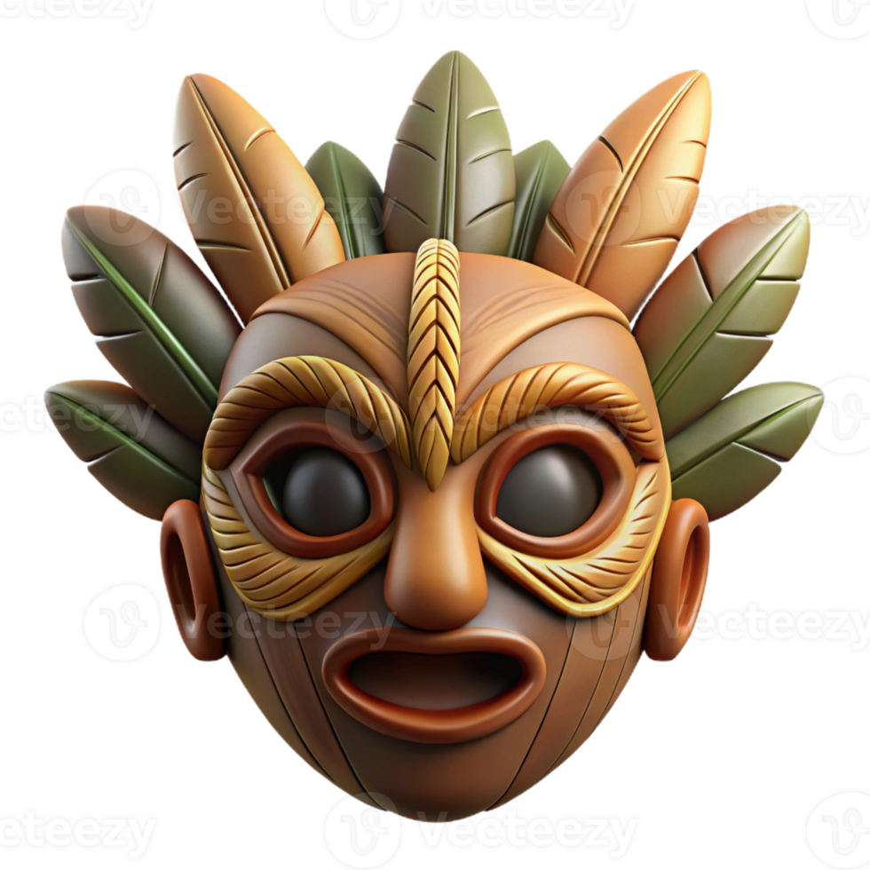 glorious calm classic Photorealistic, ultra-detailed, isolated cutout of a single, intricately carved wooden mask with feathers with Transparent Background crisp png