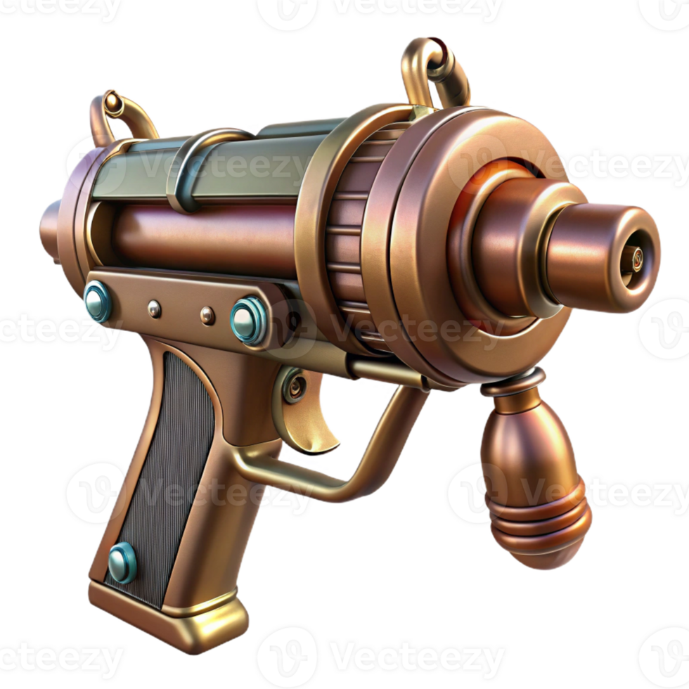 glorious retro Steampunk ray gun with copper piping and a wooden handle with Transparent Background luxury png