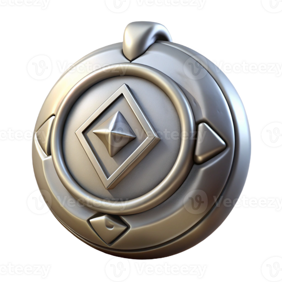 majestic artistic Hyper-specific, professional render of a single, tarnished, silver amulet with a mystical symbol with Transparent Background professional png
