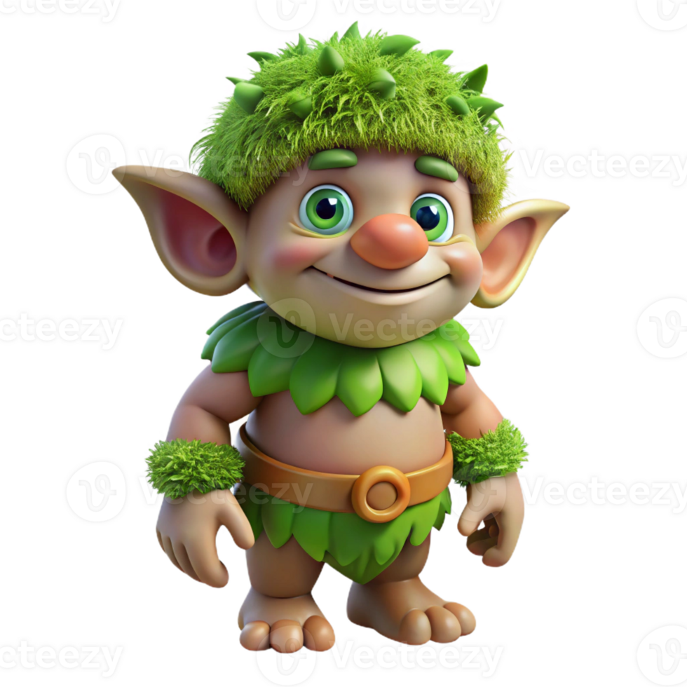 gorgeous remarkable A cartoon-style, friendly troll with a patch of green moss with Transparent Background png