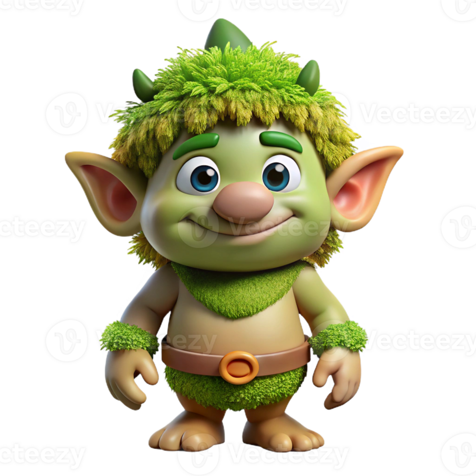 harmonious wonderful A cartoon-style, friendly troll with a patch of green moss with Transparent Background premium png