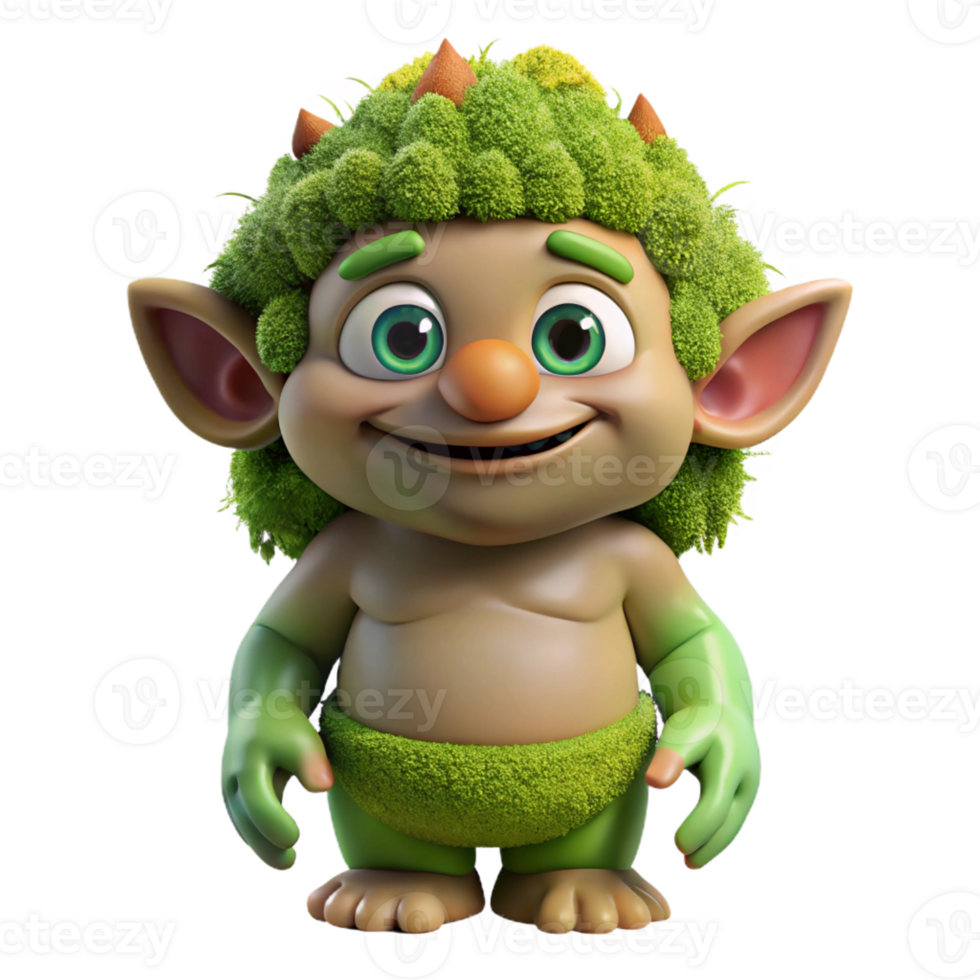 magnificent classic A cartoon-style, friendly troll with a patch of green moss with Transparent Background genuine png