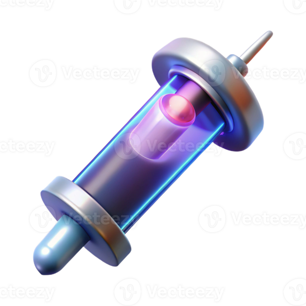 remarkable renaissance Photorealistic, hyper-specific, isolated cutout of a high-tech medical syringe with glowing nanites with Transparent Background expertly shot png