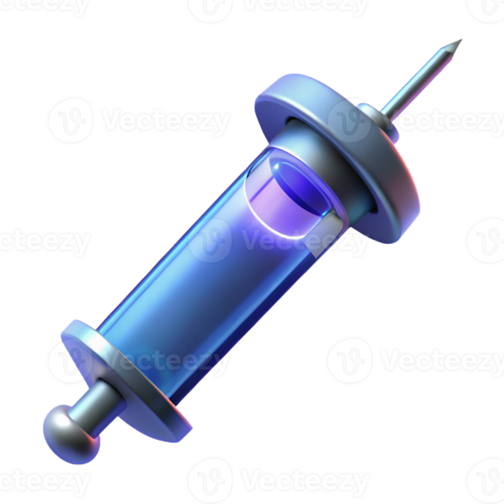 stunning bold retro Photorealistic, hyper-specific, isolated cutout of a high-tech medical syringe with glowing nanites with Transparent Background sharp png