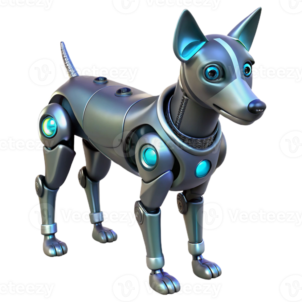 inspired minimalist Ultra-detailed professional render of a futuristic robotic dog with articulated limbs and glowing optical sensors, isolated cutout with Transparent Background high resolution png