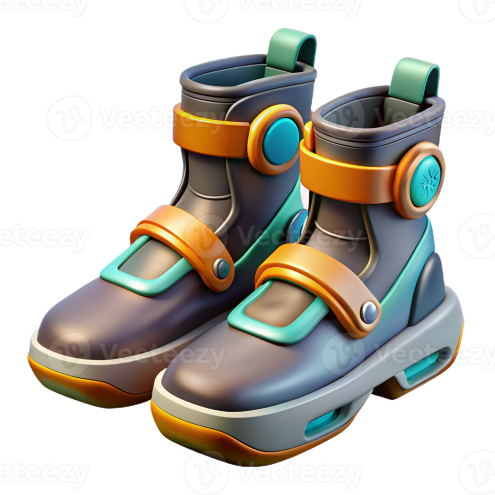 melancholic fascinating Ultra-detailed professional render, isolated cutout, of a futuristic anti-gravity boots with magnetic soles with Transparent Background expertly shot png