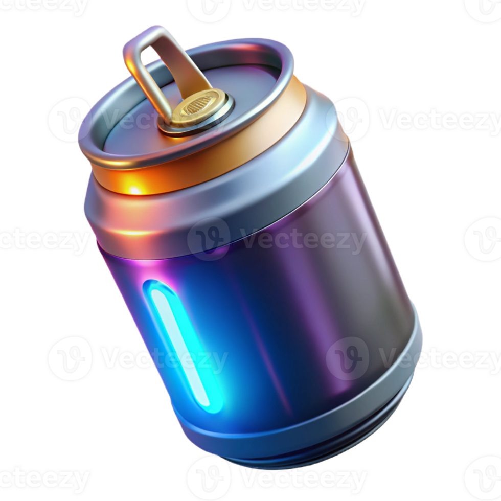 immaculate quintessential Hyper-specific professional render, isolated cutout, of a futuristic energy drink canister with glowing liquid with Transparent Background png
