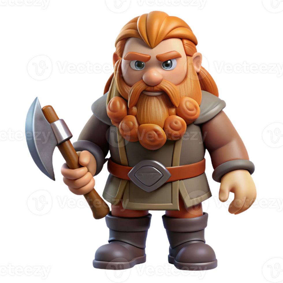 elegant retro Concept art style, isolated cutout of a fantasy dwarf with a long braided beard and a battle axe with Transparent Background professional png
