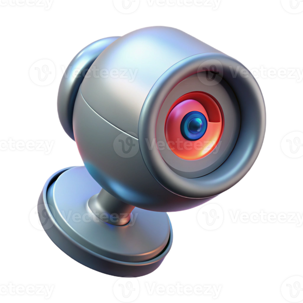 notable mid-century Photorealistic, hyper-specific, isolated cutout of a high-tech security camera with glowing infrared lens with Transparent Background 8K png