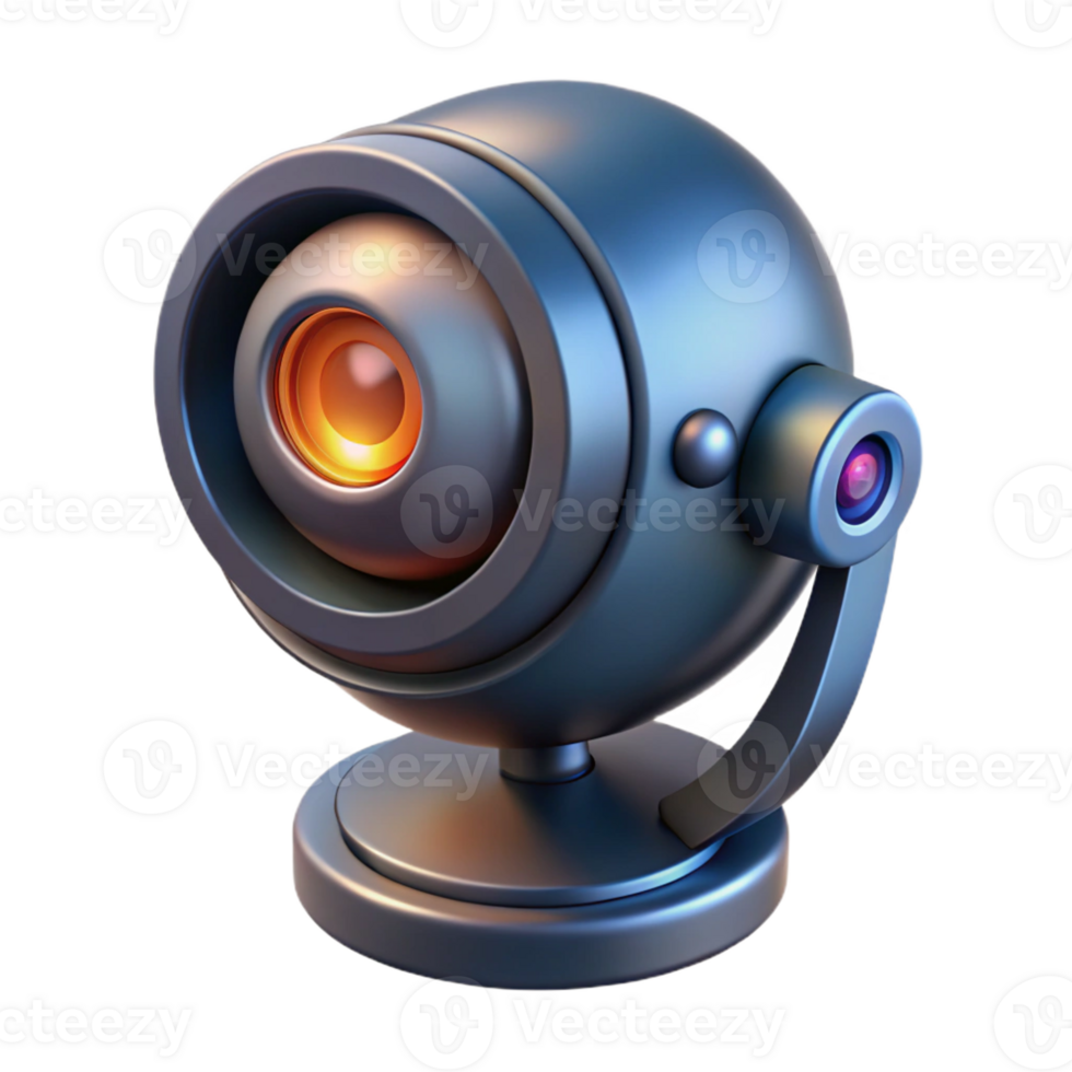 radiant elegant Photorealistic, hyper-specific, isolated cutout of a high-tech security camera with glowing infrared lens with Transparent Background museum quality png