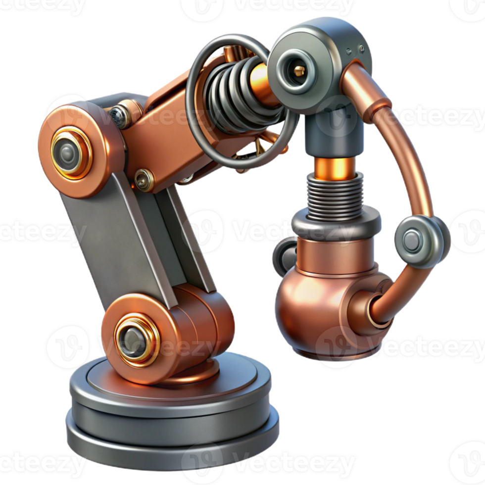 signature art deco Steampunk robotic arm with exposed wires and pistons with Transparent Background handcrafted png