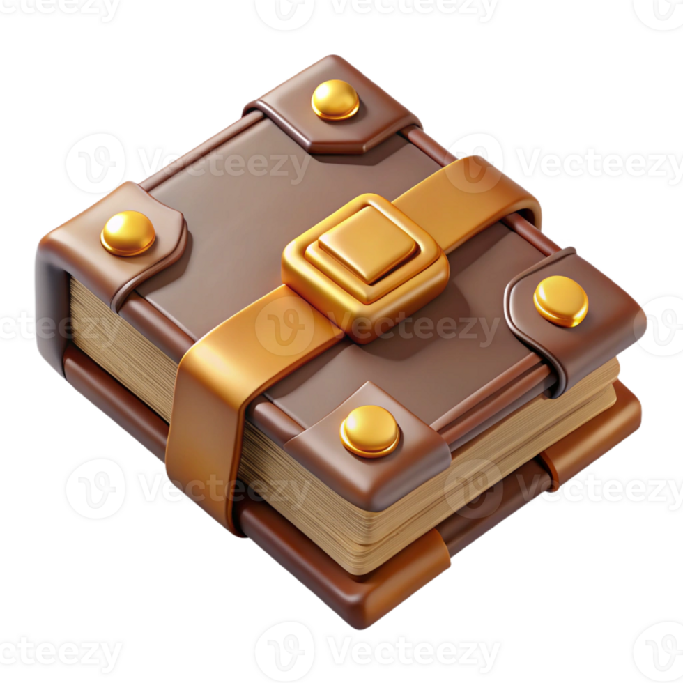 magnificent contemporary Concept art style, isolated cutout of a vintage leather-bound book with gold embossing, hyper-specific with Transparent Background genuine png