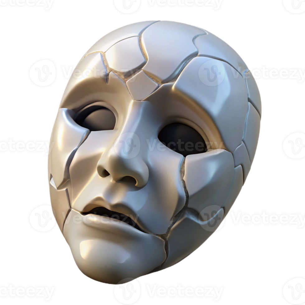 impressive distinctive A cracked porcelain mask expressing sadness with Transparent Background png