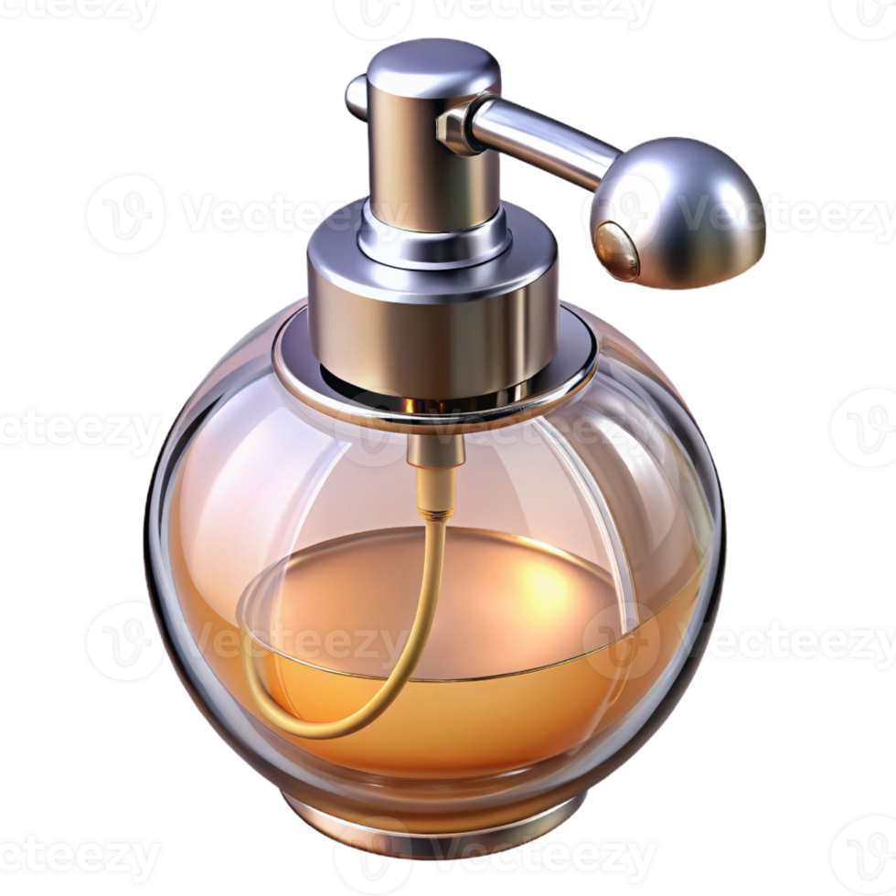 captivating melancholic contemporary Photorealistic, ultra-detailed, isolated cutout of a vintage perfume bottle with atomizer with Transparent Background authentic png