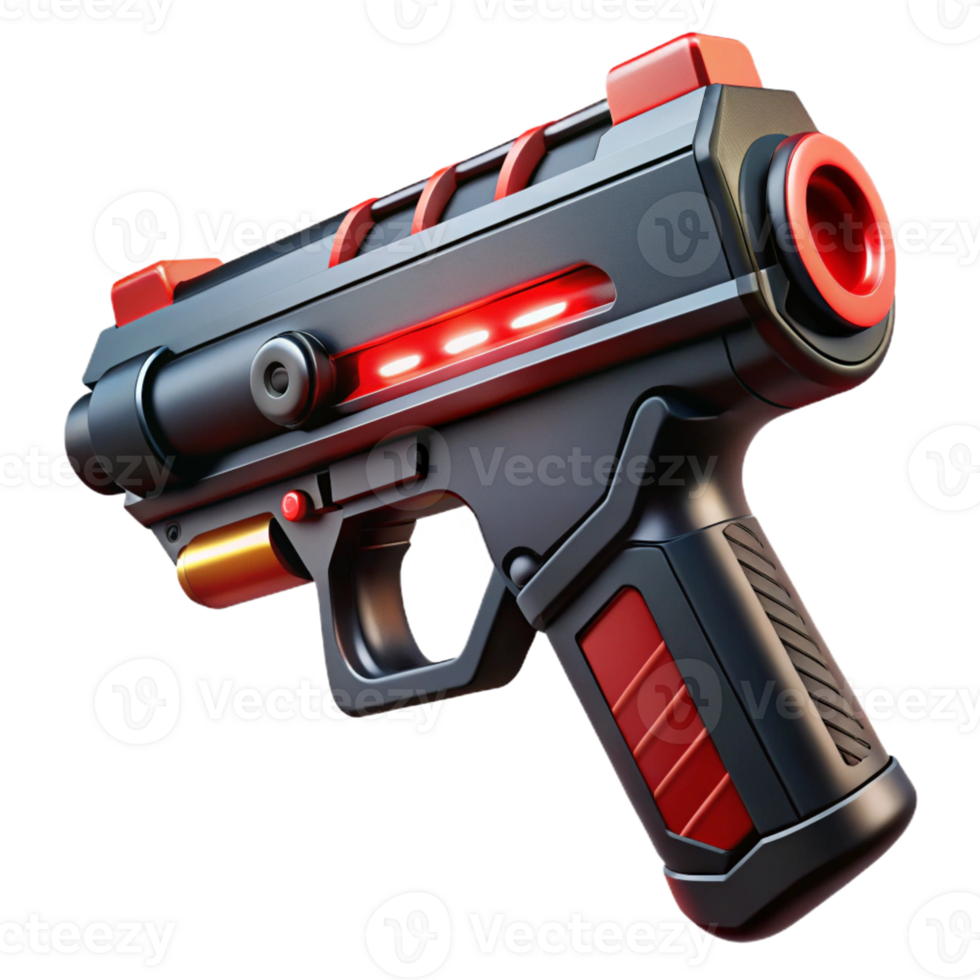 mesmerizing timeless Concept art style, hyper-specific, isolated cutout of a futuristic, sleek, black and red laser pistol Ultra-detailed with Transparent Background png