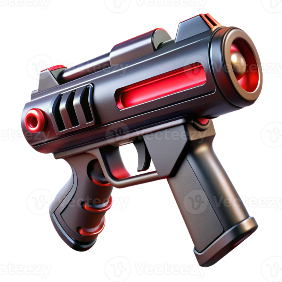 quintessential surreal Concept art style, hyper-specific, isolated cutout of a futuristic, sleek, black and red laser pistol Ultra-detailed with Transparent Background museum quality png