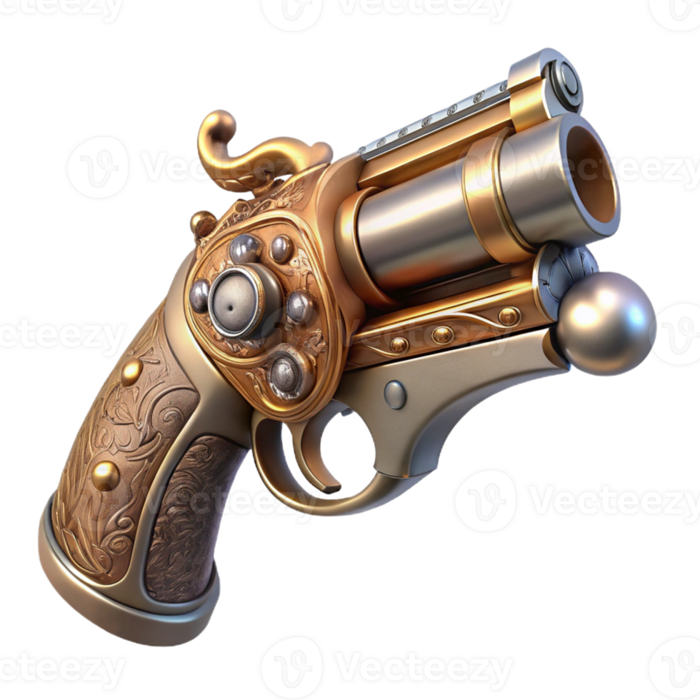 melancholic radiant A steampunk pistol with ornate engravings and a pearl handle with Transparent Background expertly shot png