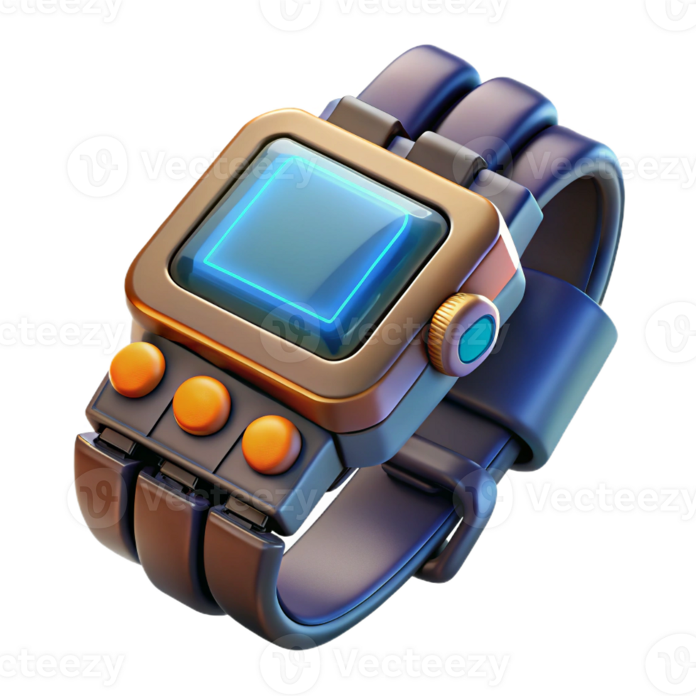 iconic impressionist Isolated cutout, photorealistic, ultra-detailed, professional render of a single cyberpunk wrist-mounted computer with holographic display with Transparent Background artisan png
