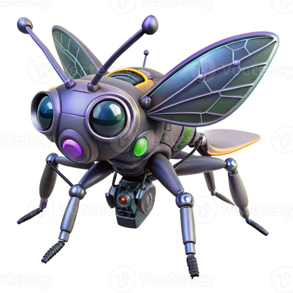 impressive mid-century Concept art style, isolated cutout of a hyper-detailed cyberpunk robotic insect drone with miniature cameras, professional render with Transparent Background premium png