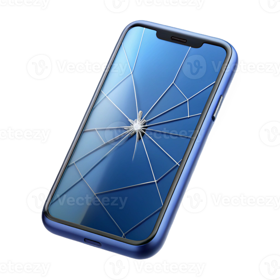 immaculate joyful urban Smartphone showing broken screen with spiderweb cracks with Transparent Background studio quality png