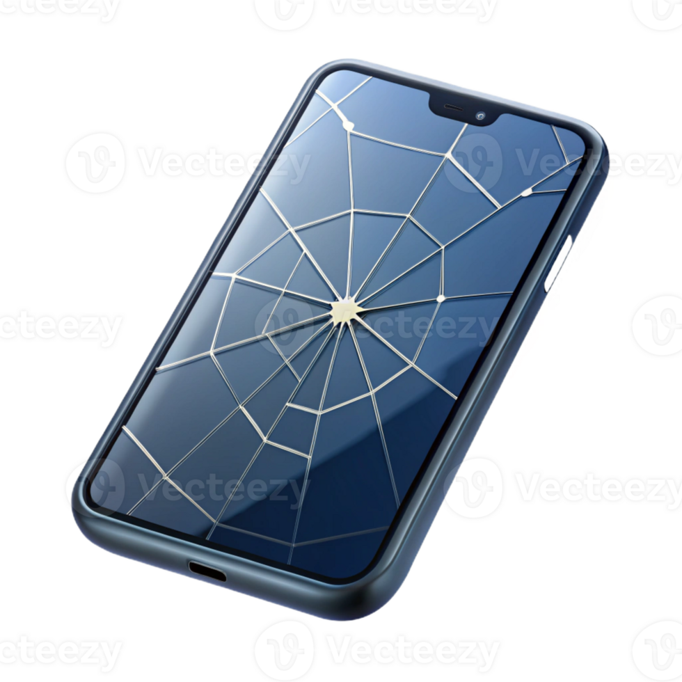 gorgeous organic Smartphone showing broken screen with spiderweb cracks with Transparent Background artisan png