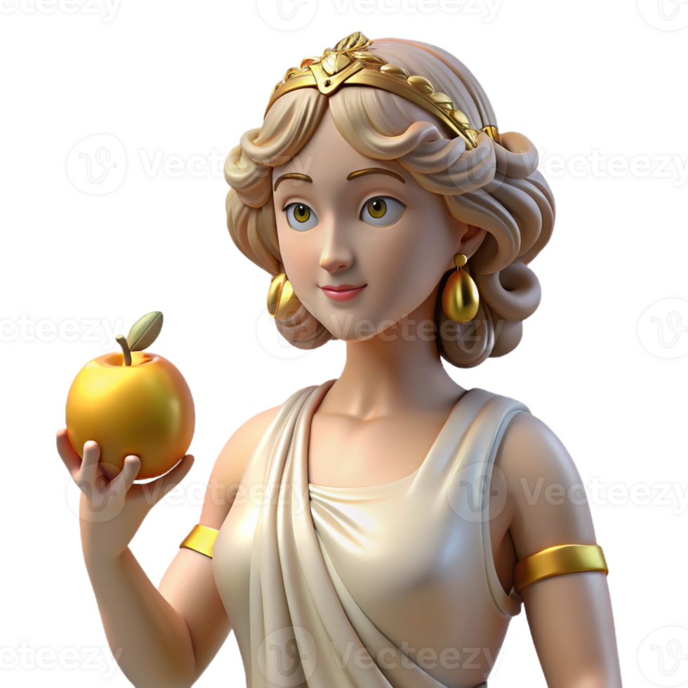 whimsical magnificent Aphrodite, goddess of love and beauty, holding a golden apple with Transparent Background elite png